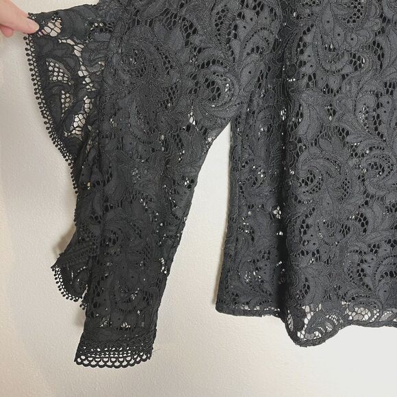 Express Lace Mock Neck Ruffle Sleeve Chic Elegant Top Blouse Unlined Black Sz S - Picture 6 of 12